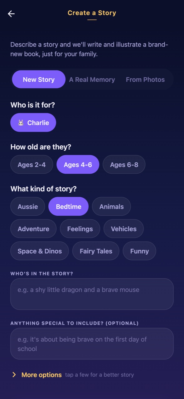 The Create a Story screen: who it is for, their age and the kind of story.