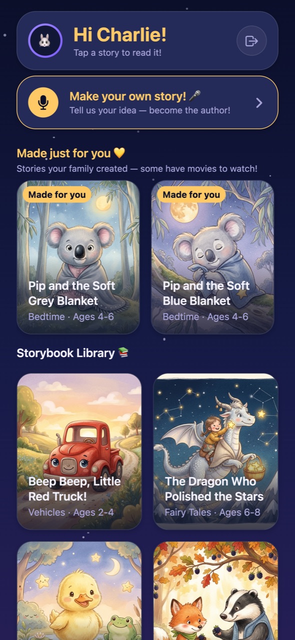 The child's own bookshelf, with the big Make your own story button.