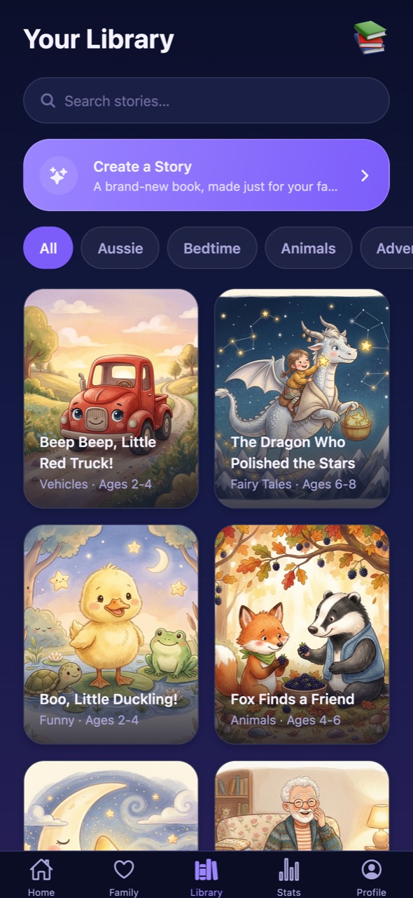 The StoryLink library on an iPhone, with a search field and rows of picture book covers.