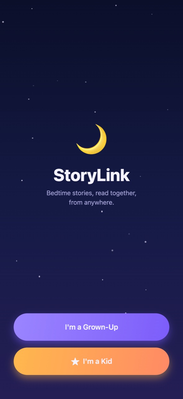 The StoryLink welcome screen, with one door for grown-ups and one for kids.