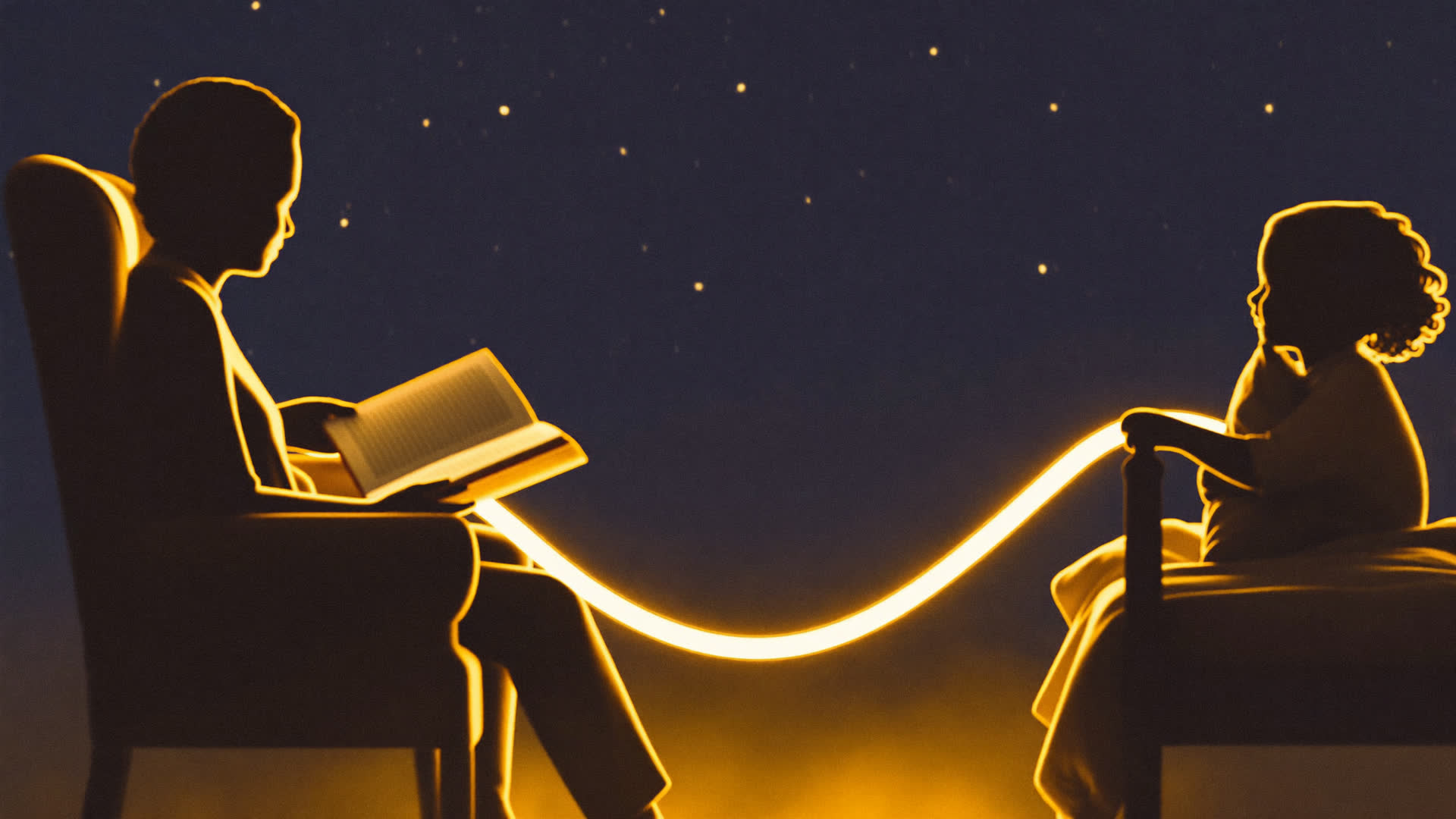 A grown-up reading a picture book in an armchair and a child sitting up in bed, drawn as warm silhouettes joined by a single ribbon of golden light across a starry night.