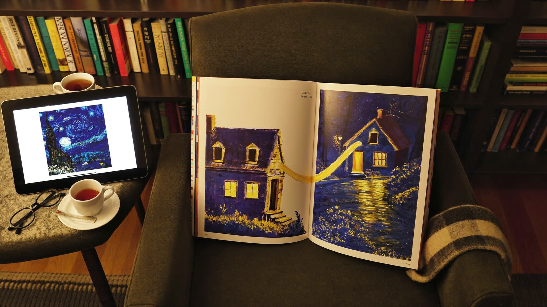 A reading nook by lamplight: an armchair holding a large picture book open to a painting of two night-time houses joined by a ribbon of golden light, with a tablet, two cups of tea, reading glasses and shelves of well-worn books alongside
