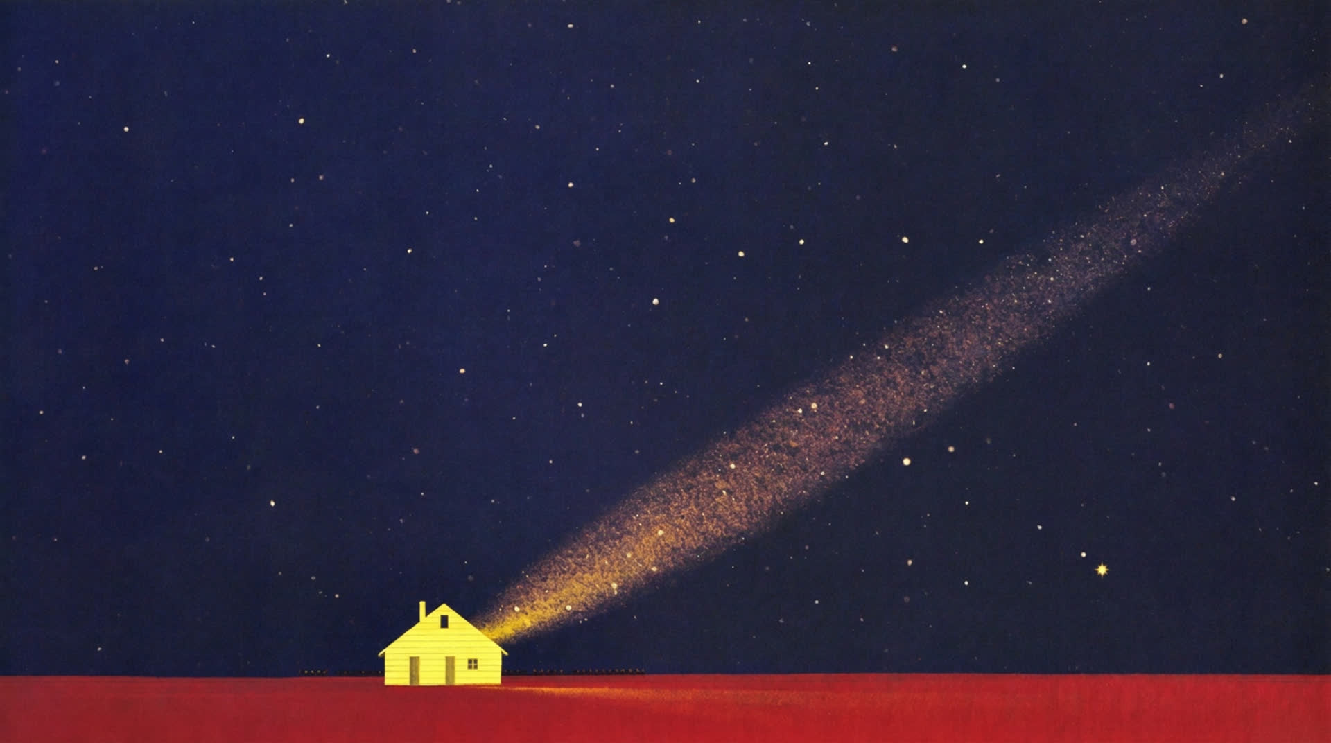 A lone house on flat red earth under a vast starry night sky, one window lit, a beam of golden light rising from the house far across the dark toward the horizon