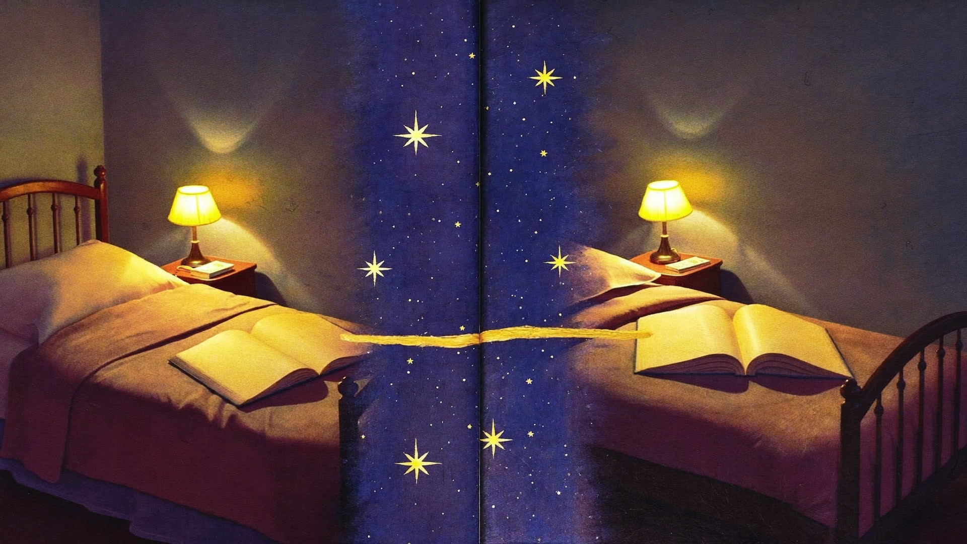 A painting of two children's bedrooms far apart at night, joined by a band of starry sky, with a thread of golden light running between the open storybook in each room.