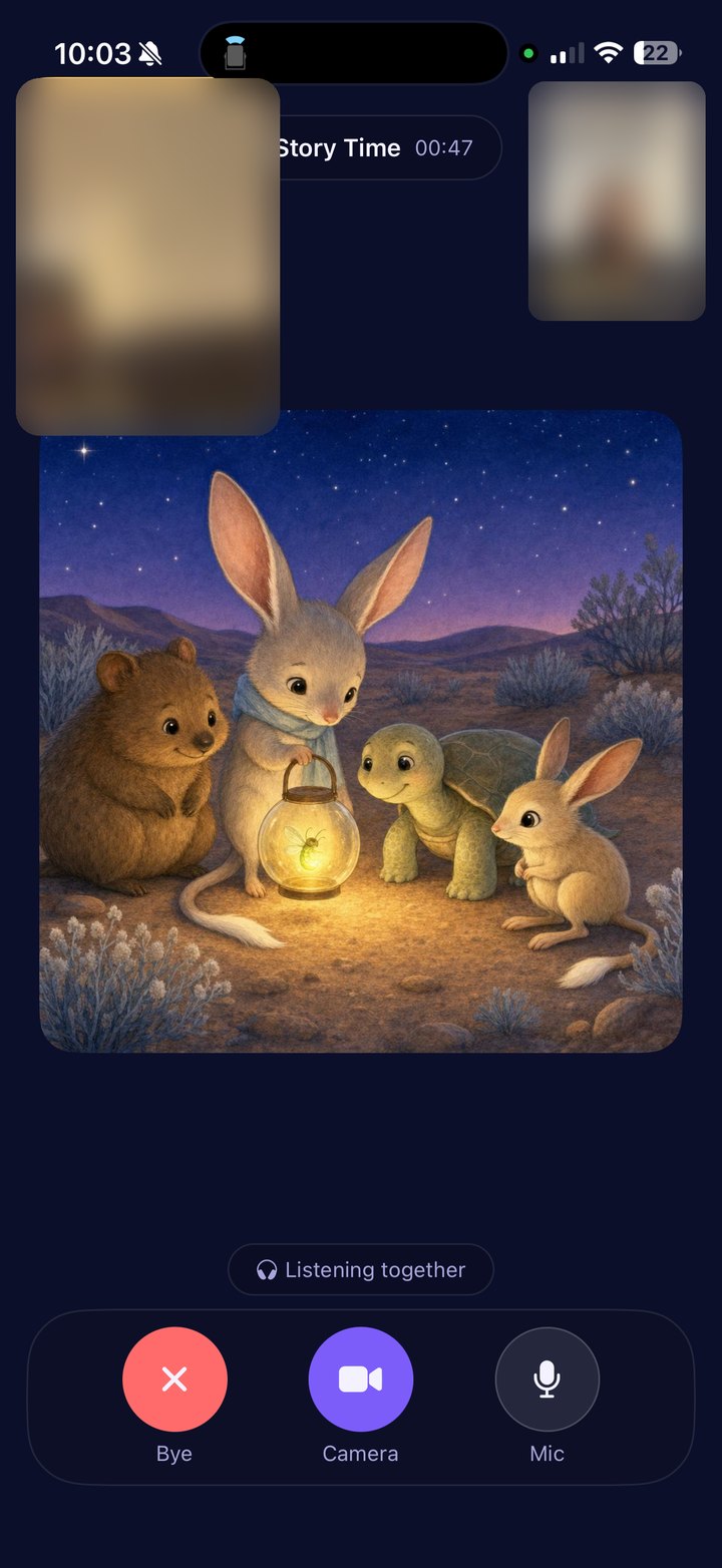 The child's screen in the same moment, with the same storybook page, listening together.