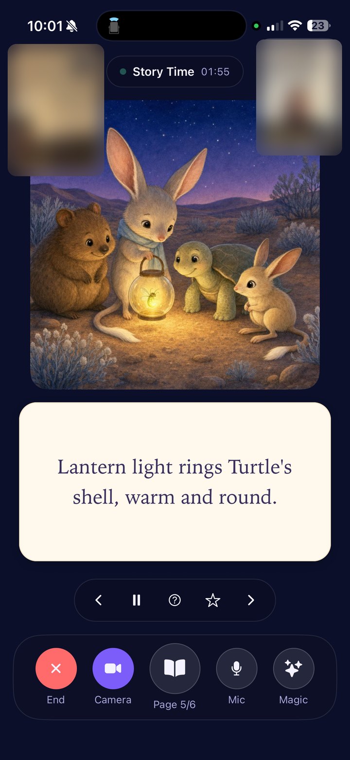 StoryLink during a live Story Time: the parent's screen, with the storybook page, its words, and the page controls.